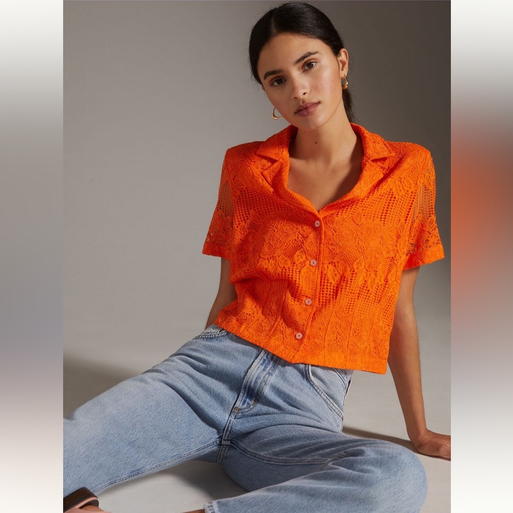 Anthropologie Maeve Lace Button Down Top Orange Size XS